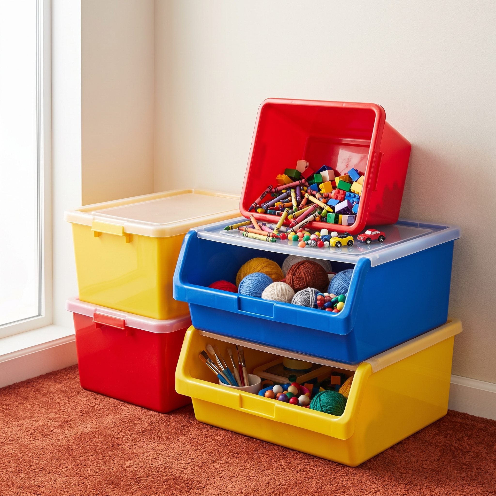 Brightly Colored Plastic Storage Bins, Around $4 Each