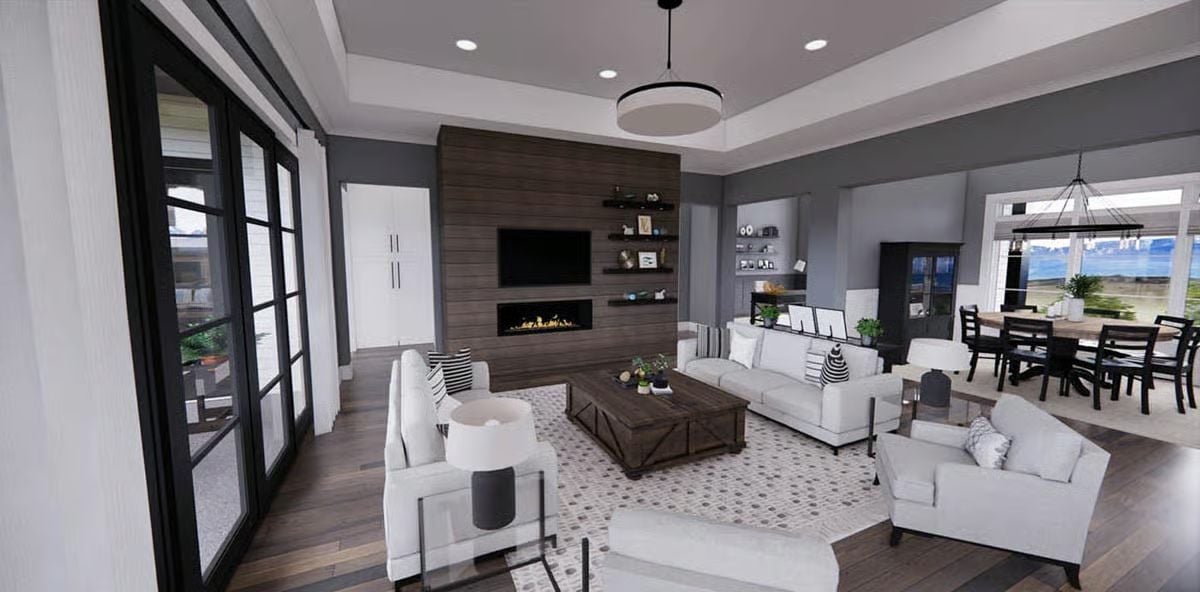 Gray Walls, White Sofas, and a Fireplace Wall That Does the Heavy Lifting