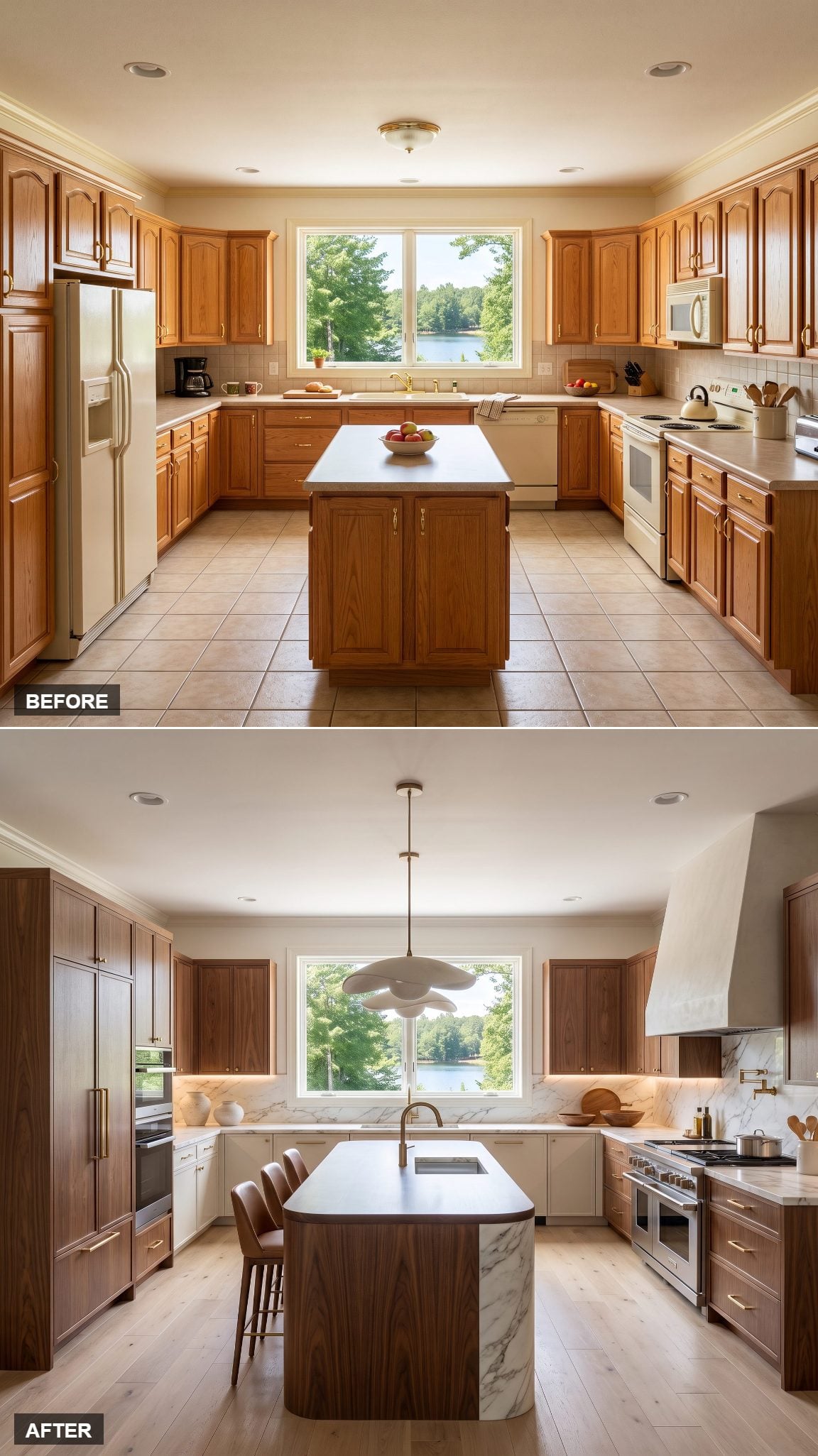Kitchen transformation combining warm white cabinetry, walnut shelving and updated architectural lighting