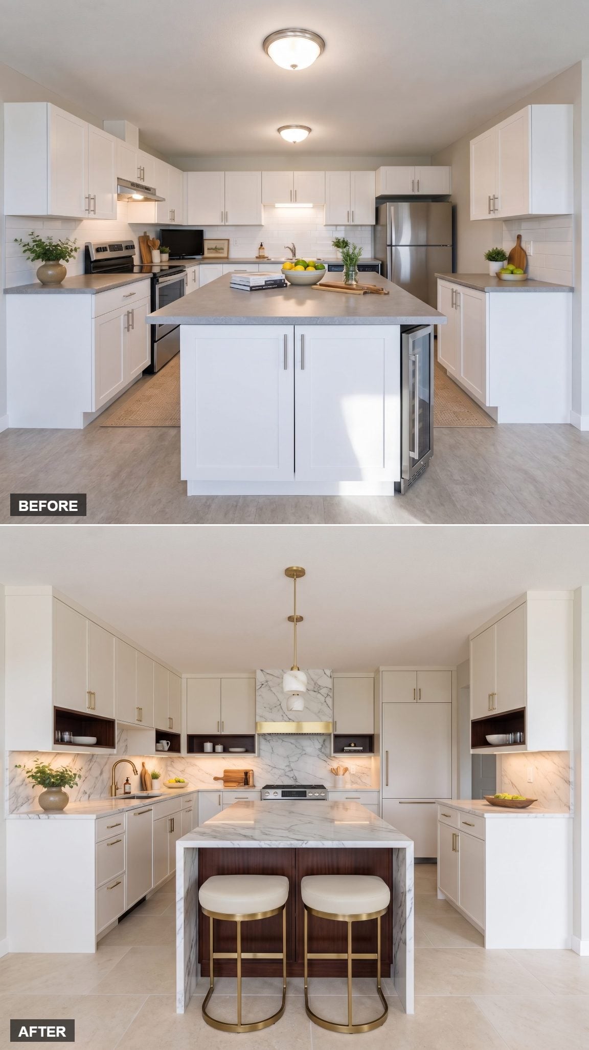 From Builder Grade Bland to Calacatta and Mahogany Waterfall