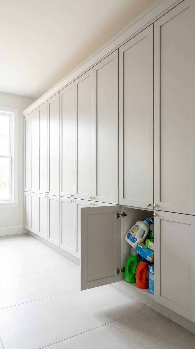 White oak laundry room where every cabinet is the same shallow depth, with tall detergent, bulk paper towels, and an ironing