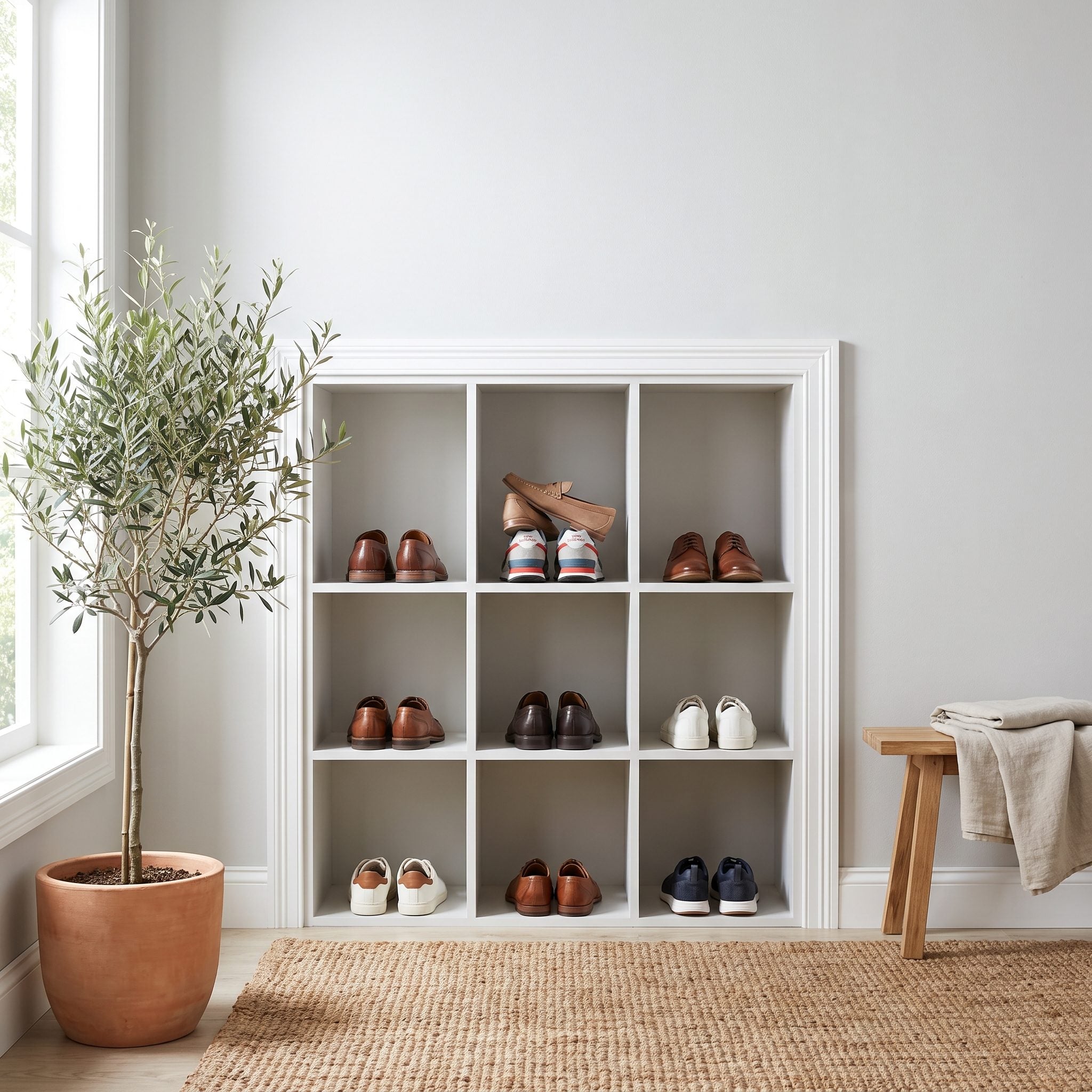 Family mudroom with small shoe cubbies fully occupied and about ten pairs of overflow shoes lined up on the floor beside the