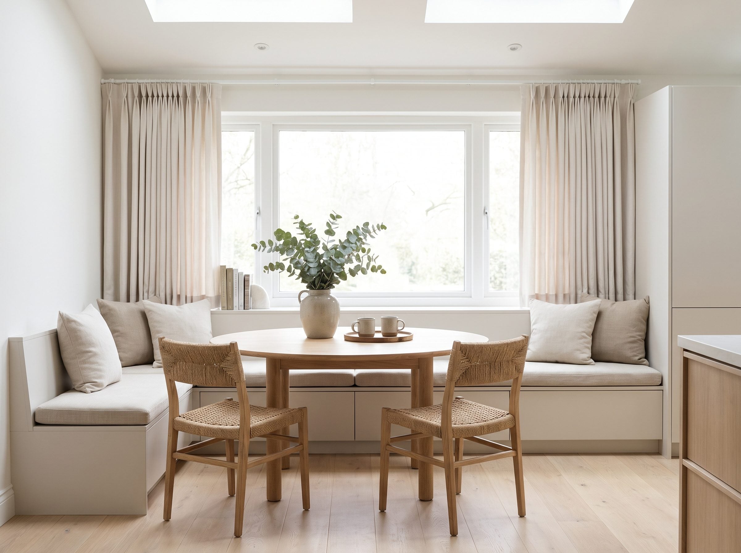 Breakfast nook with sill-length linen curtains hemming two inches above the top of a built-in banquette seat back.