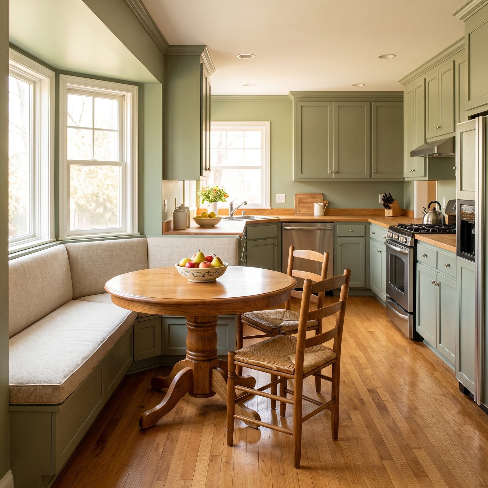 Cream eat-in kitchen with a corner banquette and a round table set only ten inches from the bench, tight for sliding in.