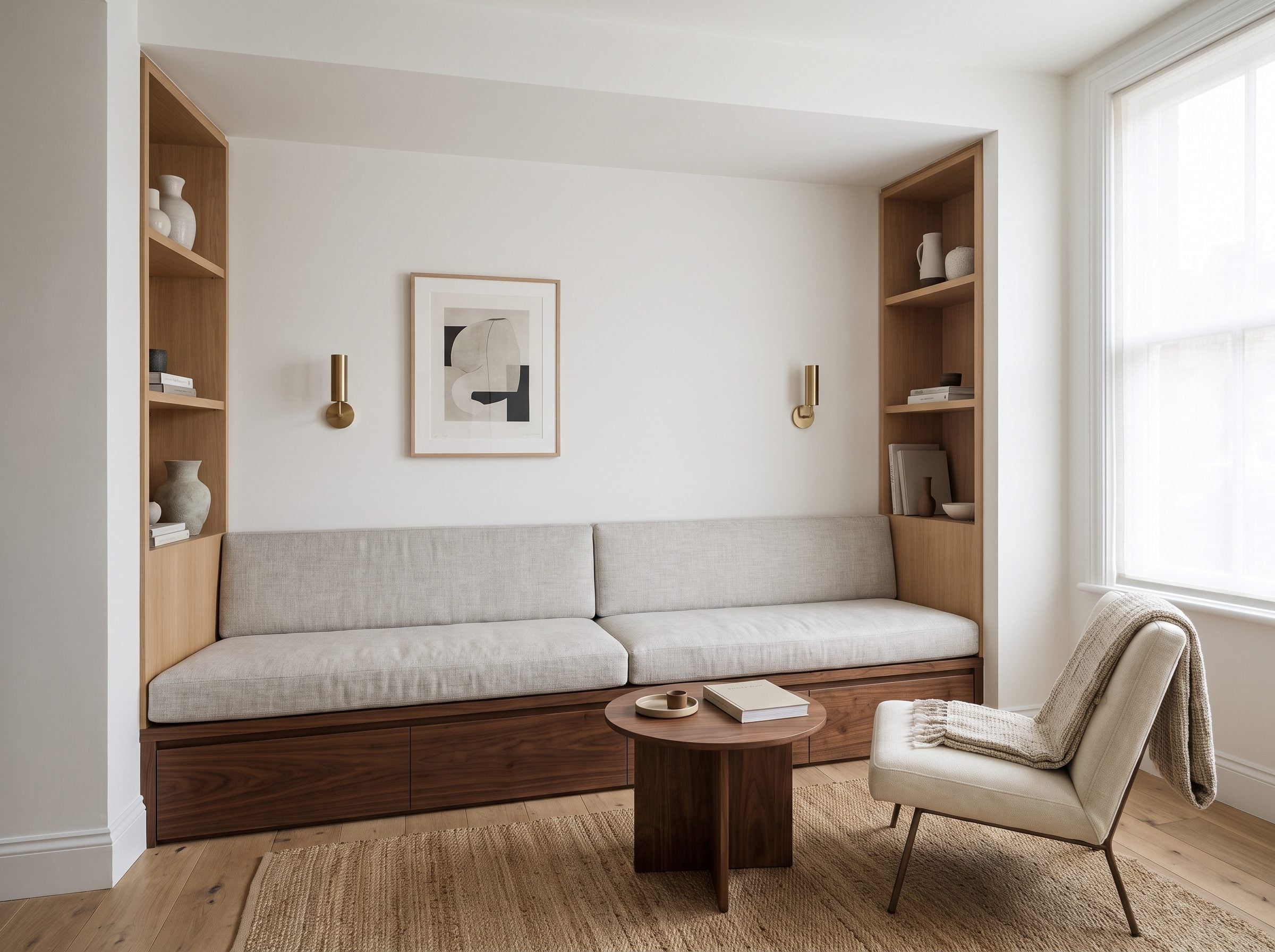 Small sitting room with an upholstered built-in bench running the full width of the far wall, drawers below and shelving at