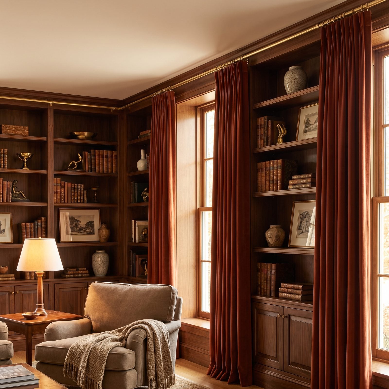 Built-In Bookcases Linked by One Continuous High Drapery Line