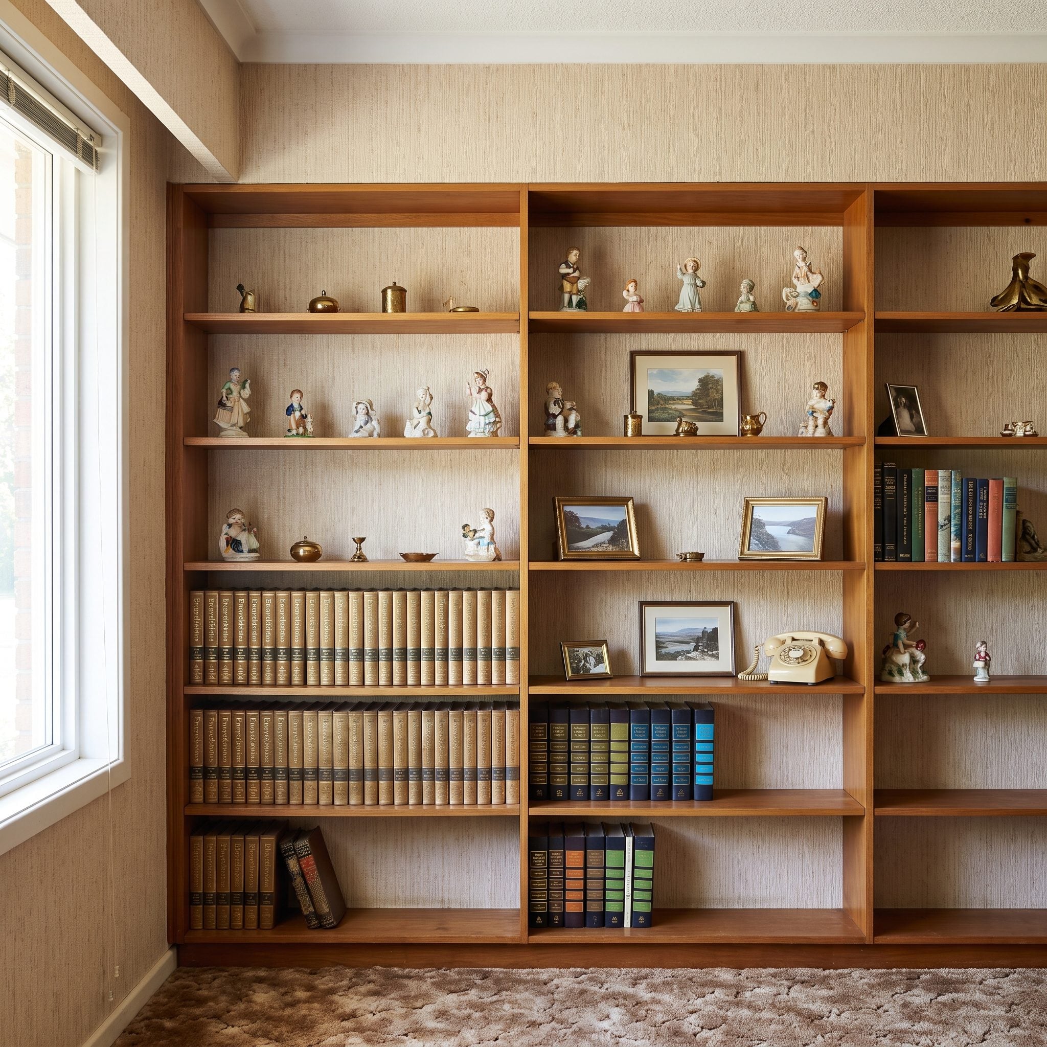 The Built-In Bookshelves Filled With Books, Photos, and Keepsakes