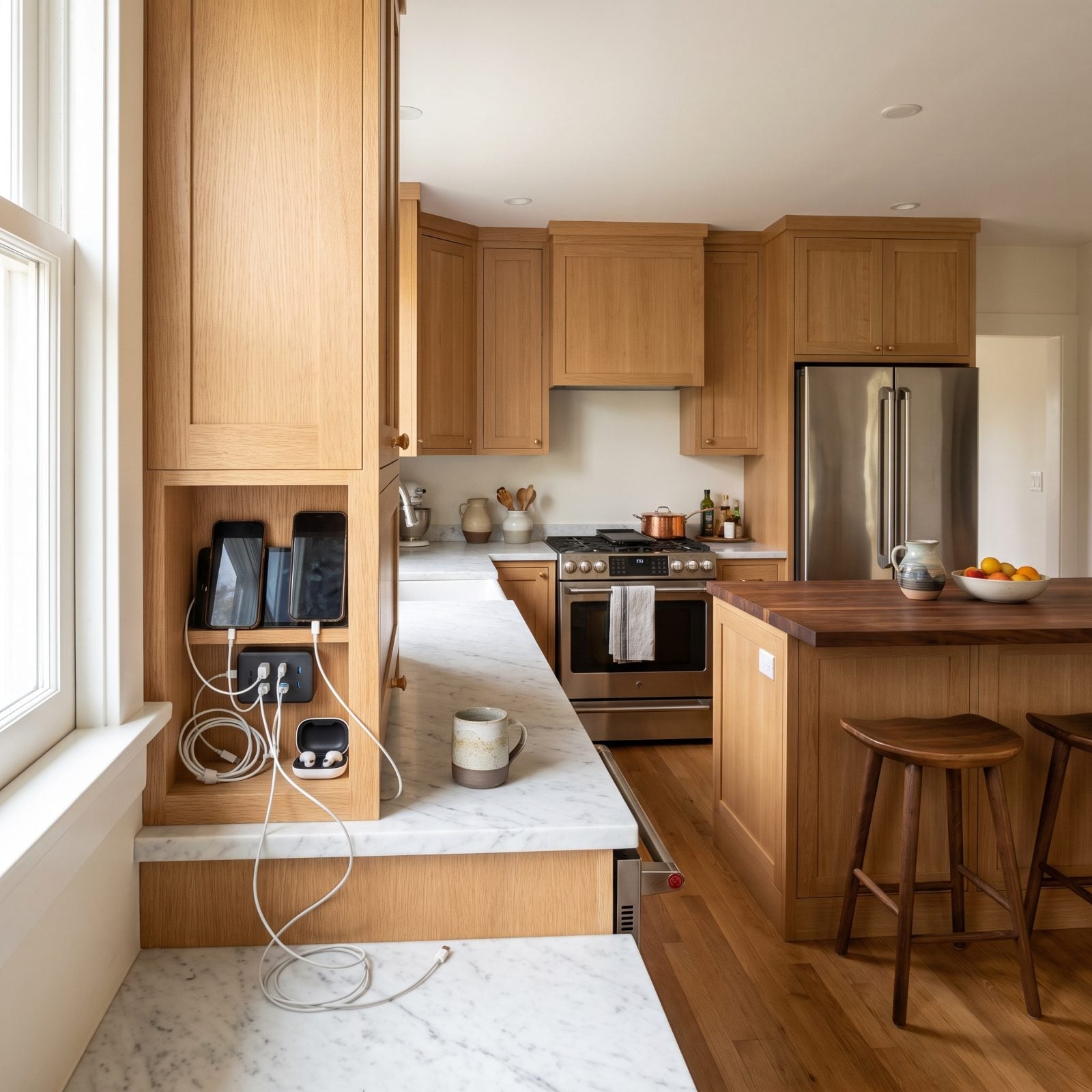 White oak kitchen with a built-in charging cubby holding two phones, a tablet, and several cables.