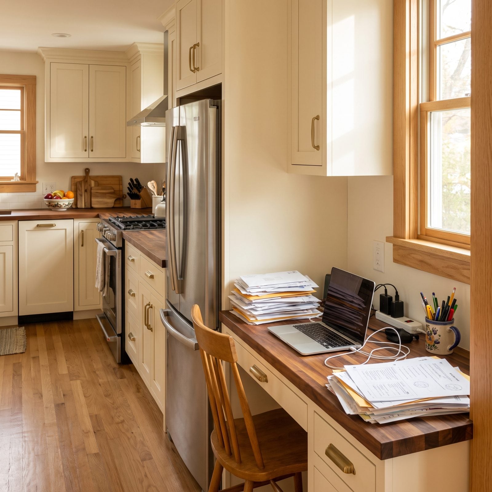 Small built-in kitchen desk nook holding a stack of mail, a laptop, chargers, and school papers at the end of a cream