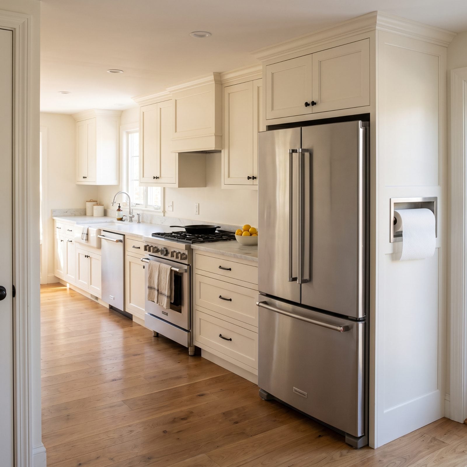 White oak kitchen with a built-in paper towel holder recessed at the far end of the cabinet run, away from the range and