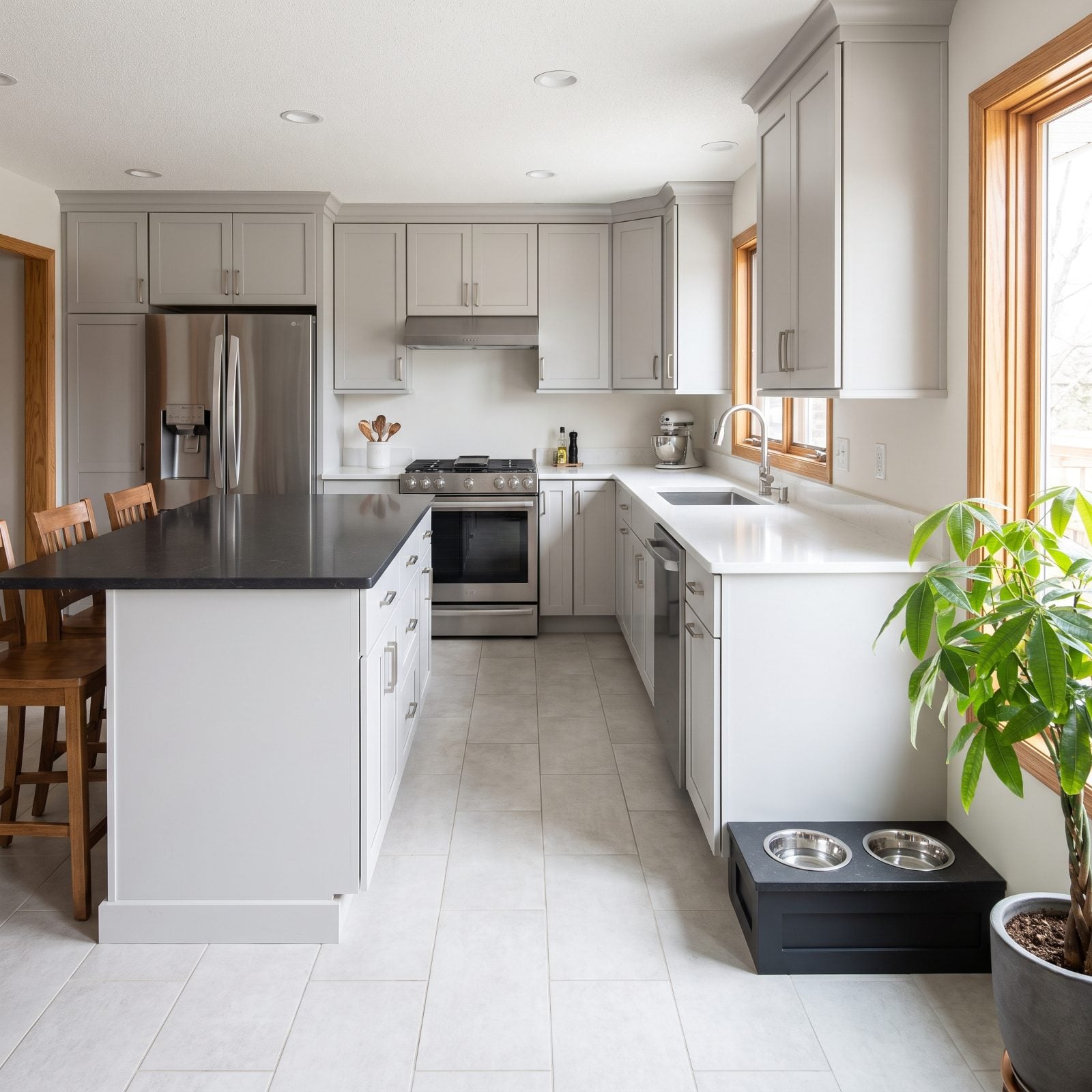 Gray kitchen with a built-in pet-feeding station recessed into the base cabinet in the main walkway.