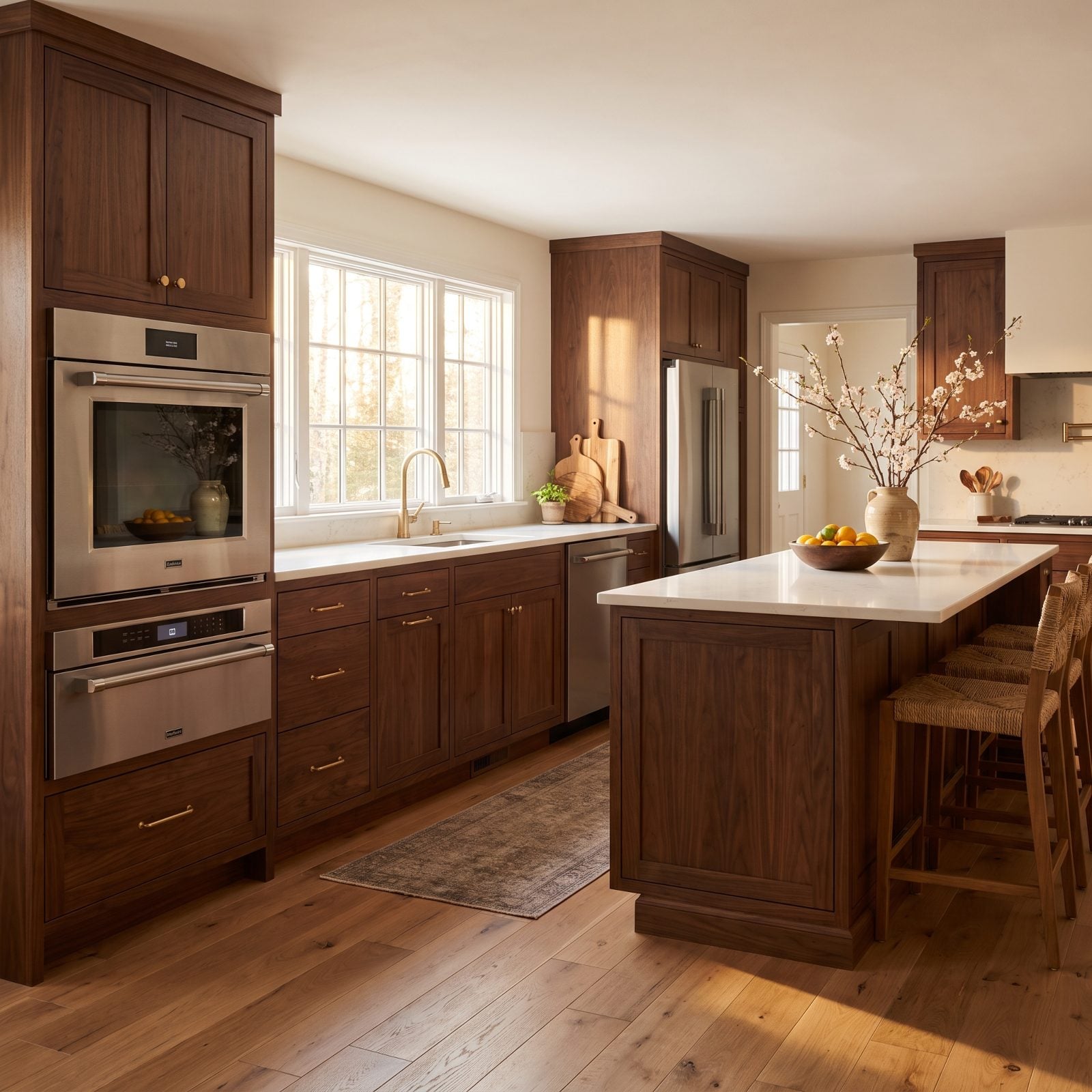 Walnut kitchen with a stainless warming drawer taking a full deep drawer slot beneath the wall oven.