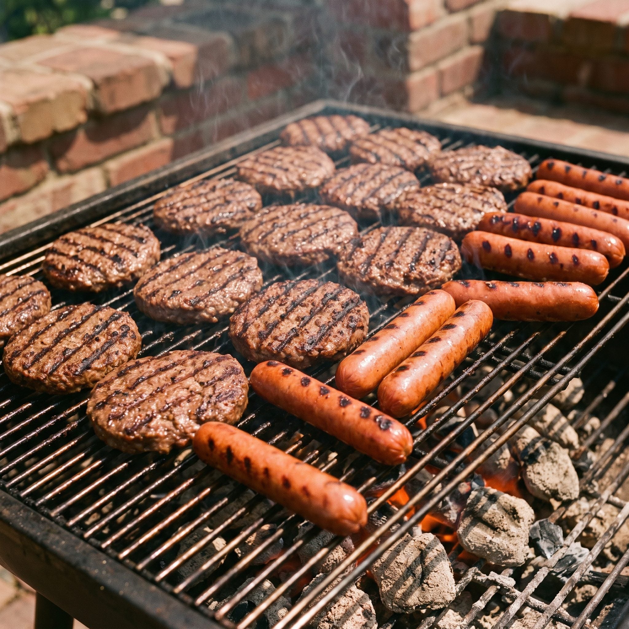 Burgers and hot dogs cooking together over charcoal