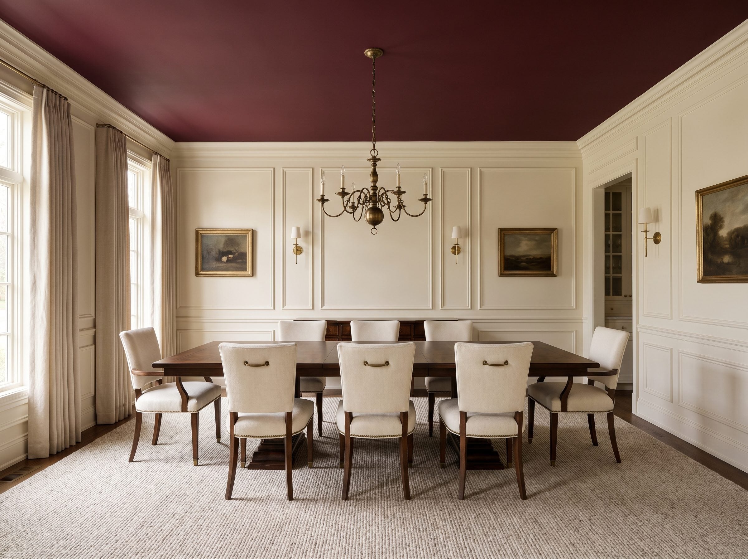 Formal dining room with a deep burgundy ceiling above ivory walls, a walnut table, cream chairs, and a brass chandelier.