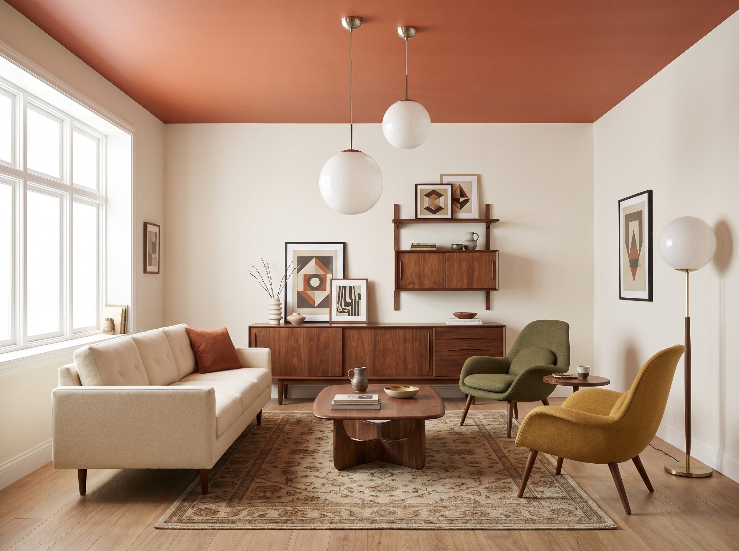 Mid-century living room with the full ceiling painted burnt orange above off-white walls, a cream sofa, walnut chairs, and a