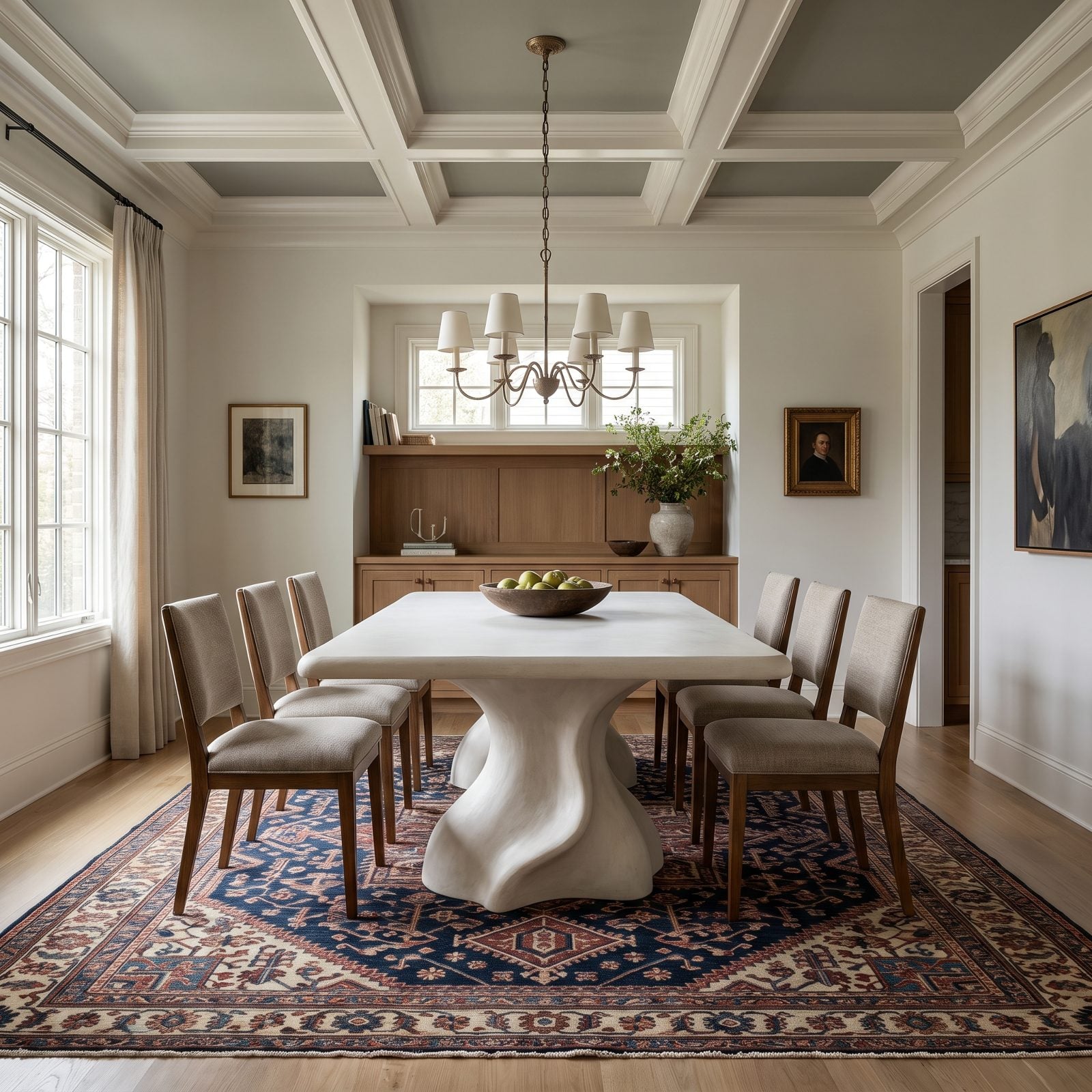 Contemporary dining room where a loud geometric rug camouflages the curved sculptural plaster base of the round table.