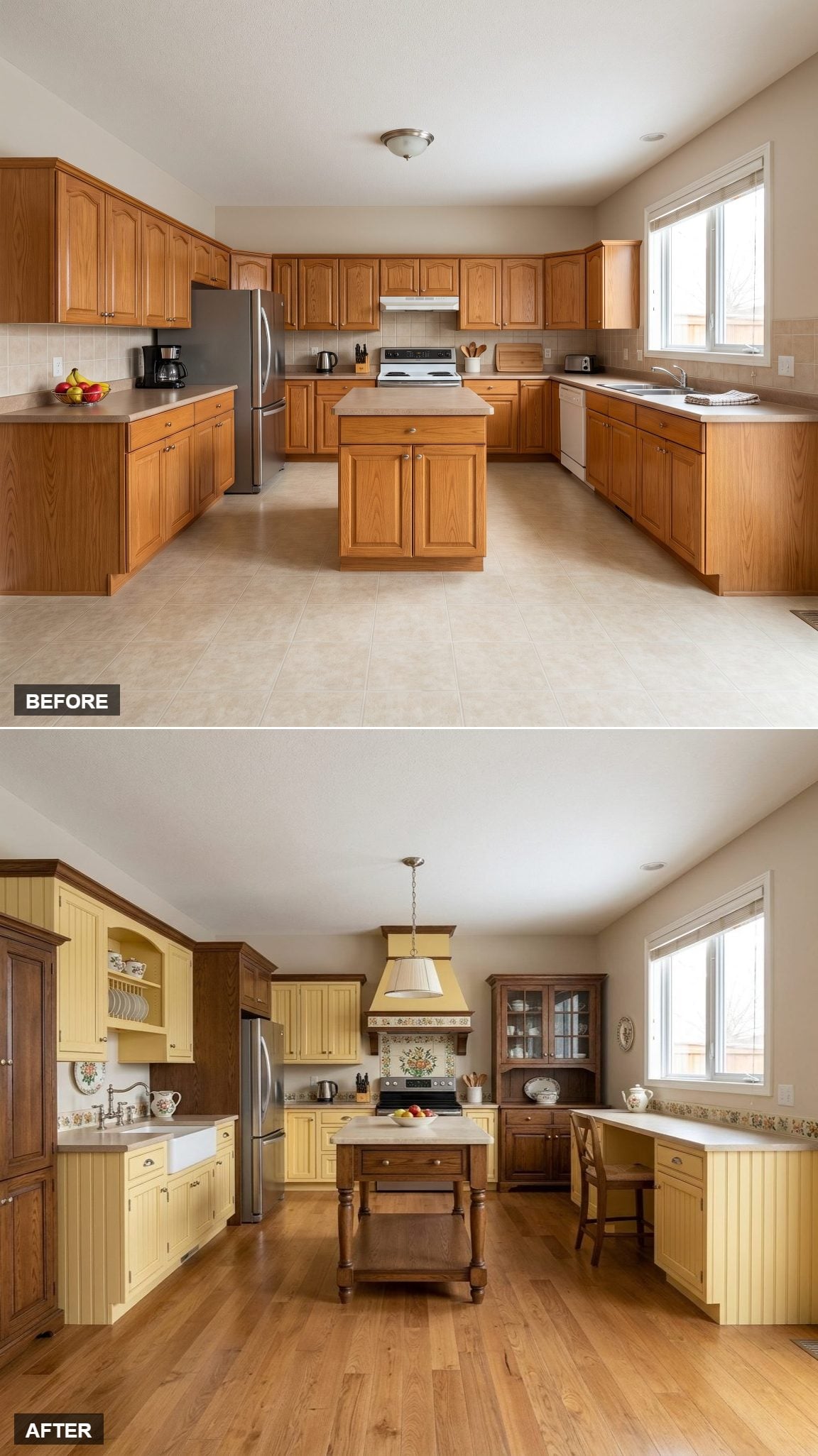 Butter-Yellow Beaded Cabinetry, Dark Oak, and Hand-Painted Floral Tile in a Haute Cottage Kitchen