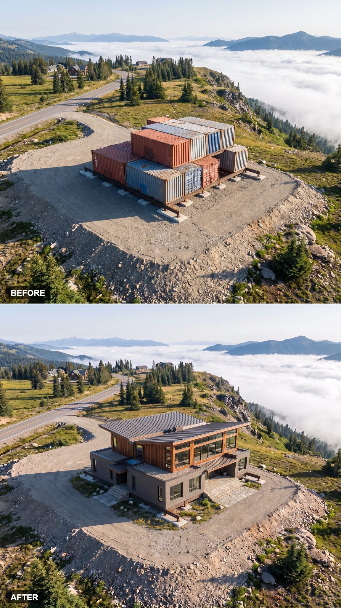 Container house concept with a wide butterfly roof on a mountain ridge