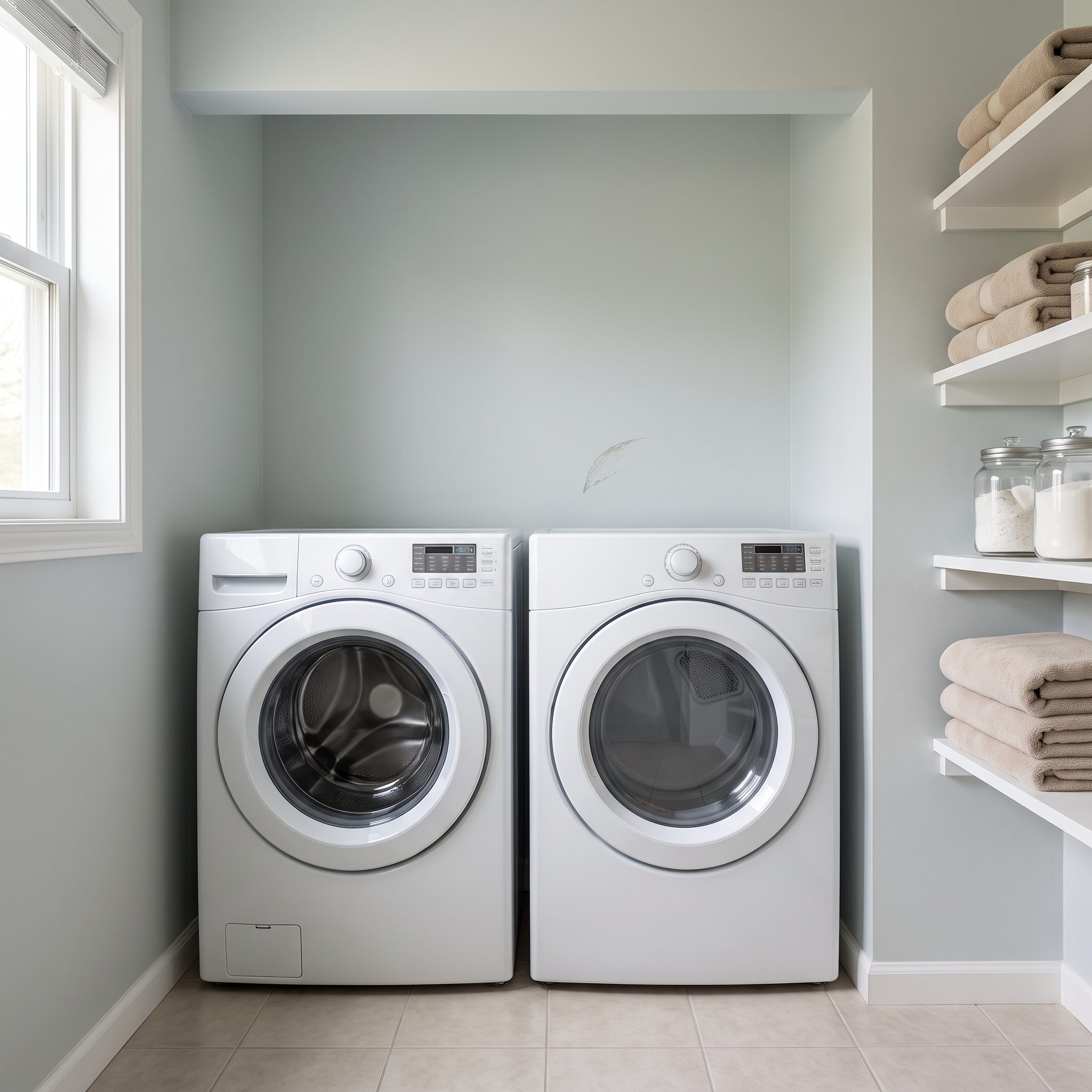 Small white laundry room with two oversized machines leaving about twenty inches of floor clearance.