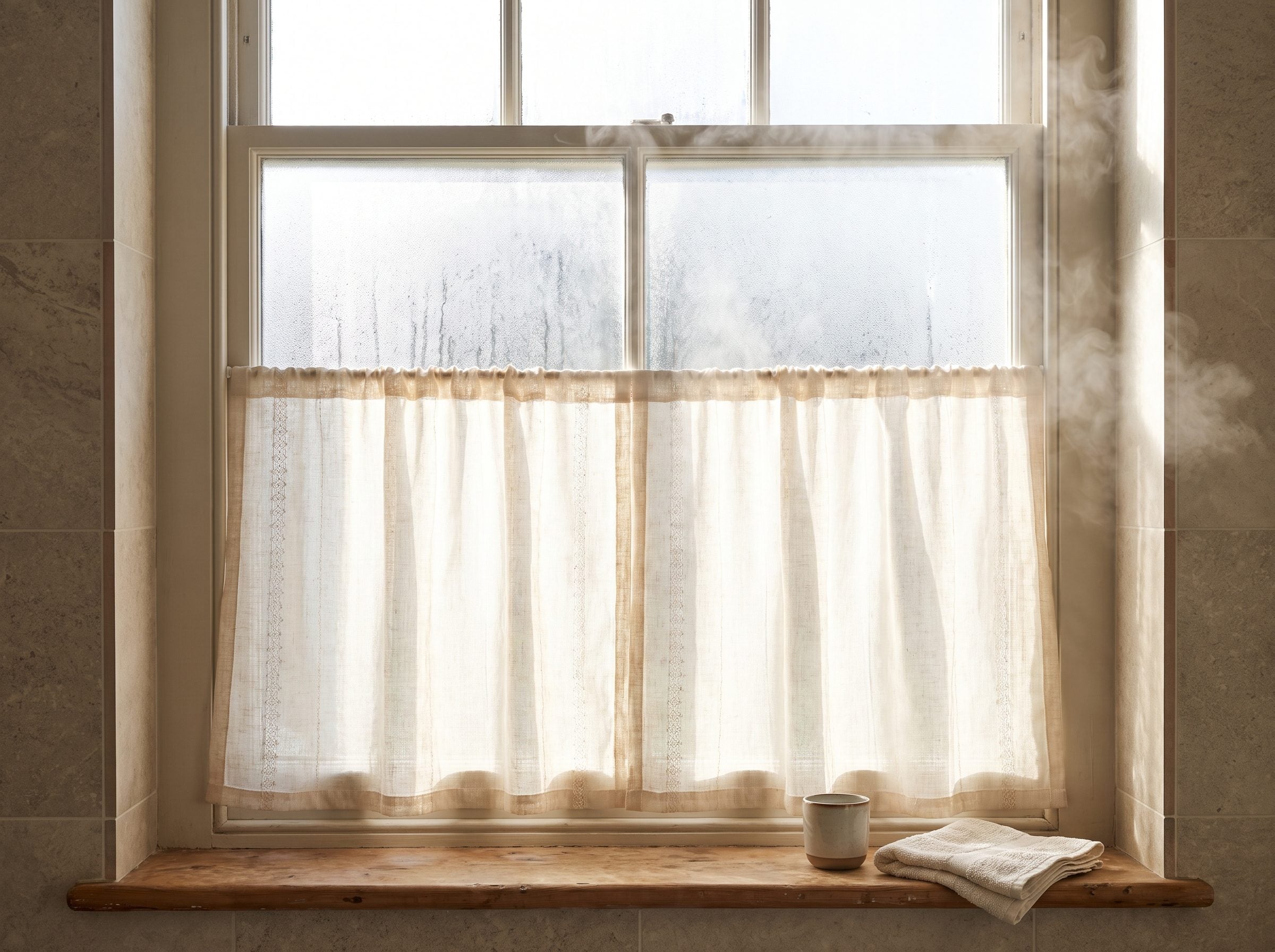 Bathroom window with a linen café curtain covering only the lower half of the glass at sink height, the top half left bare.