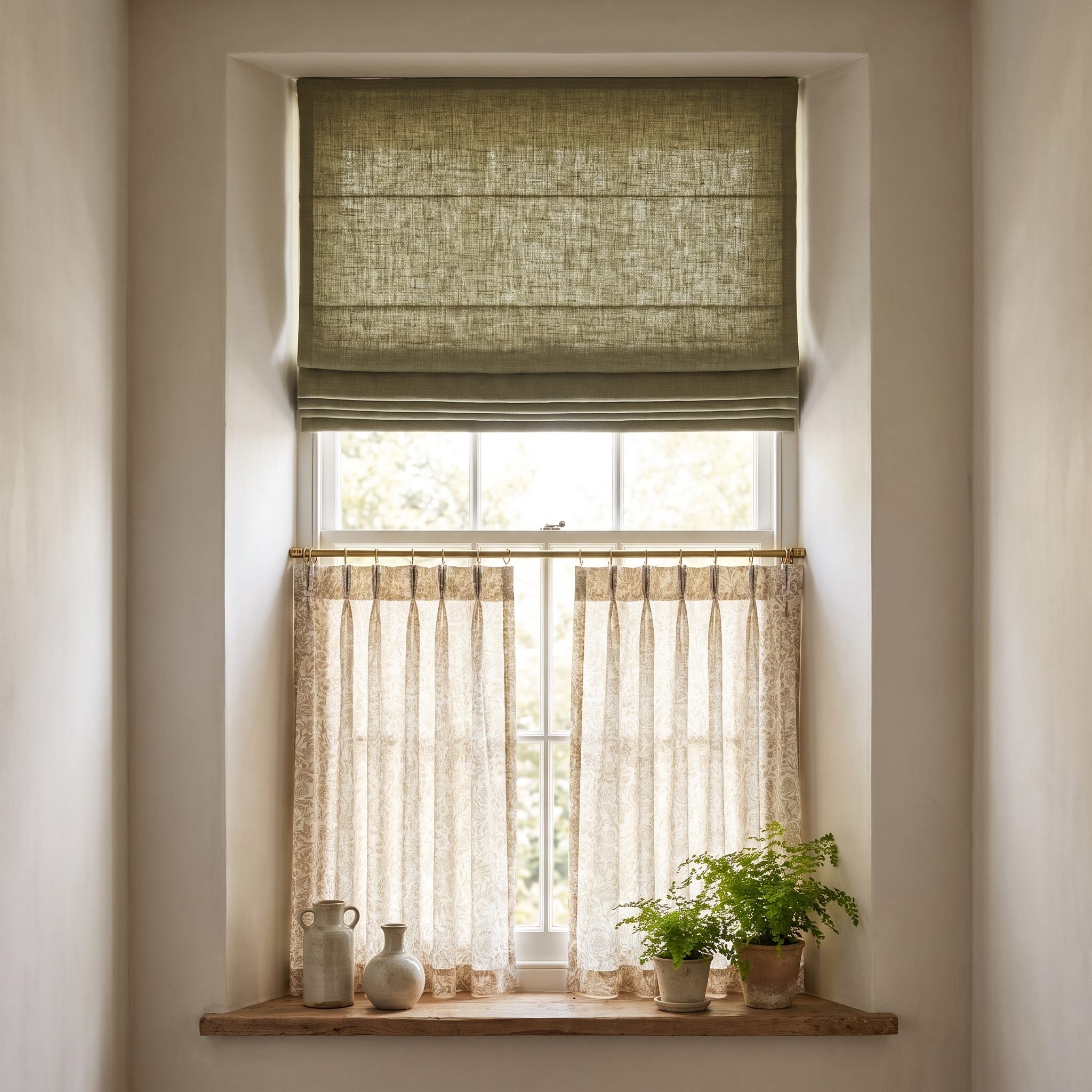 Kitchen window over a farmhouse sink with a tan cafe curtain covering the bottom half and a woven Roman shade raised halfway