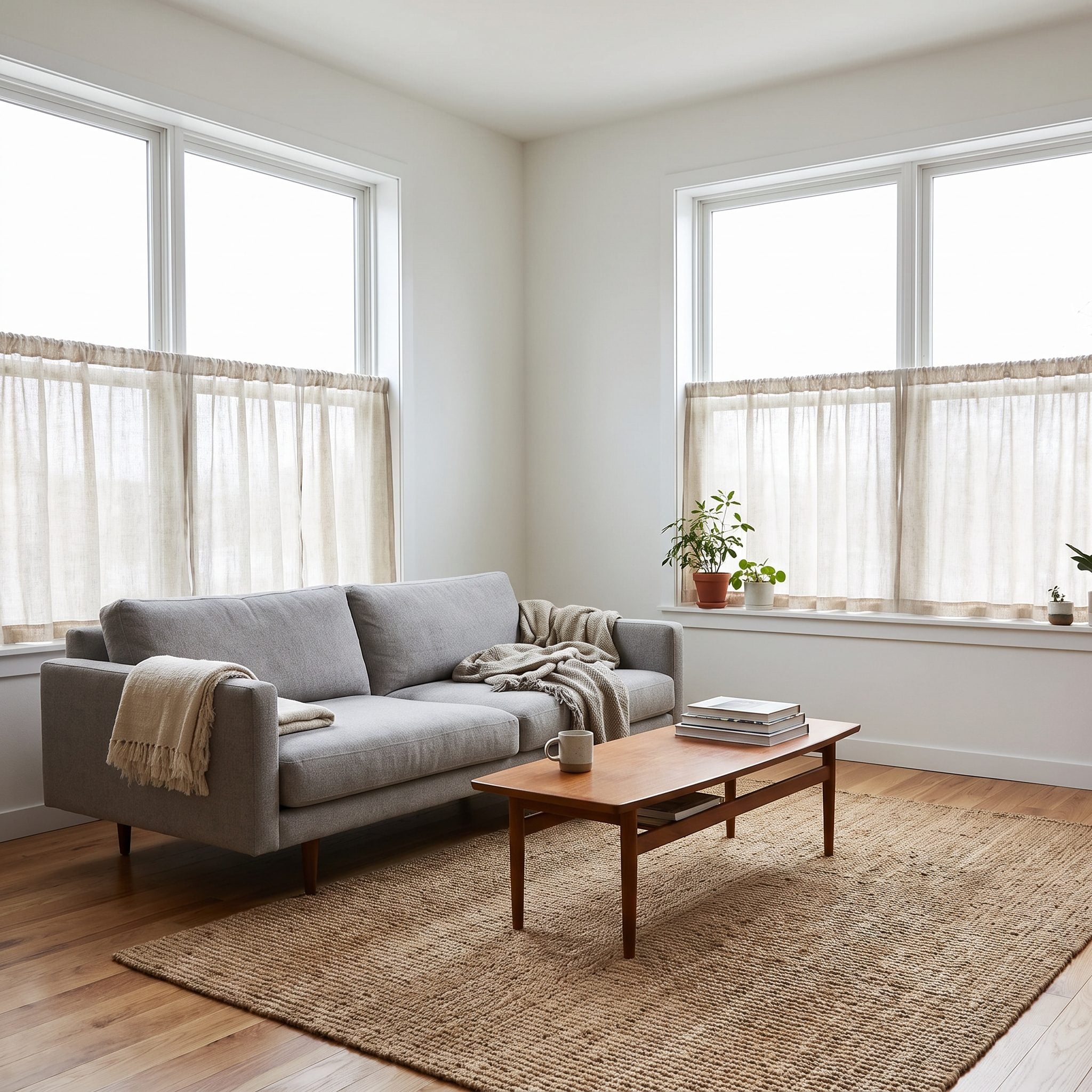 Modern living room with a linen café curtain covering only the lower half of the window and ending above the sill, well