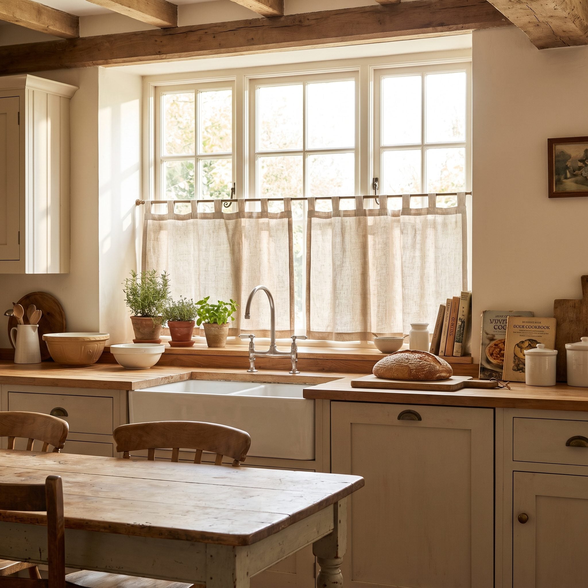 Kitchen window with a café curtain covering the lower half of the glass from the midpoint rod down to the sill.