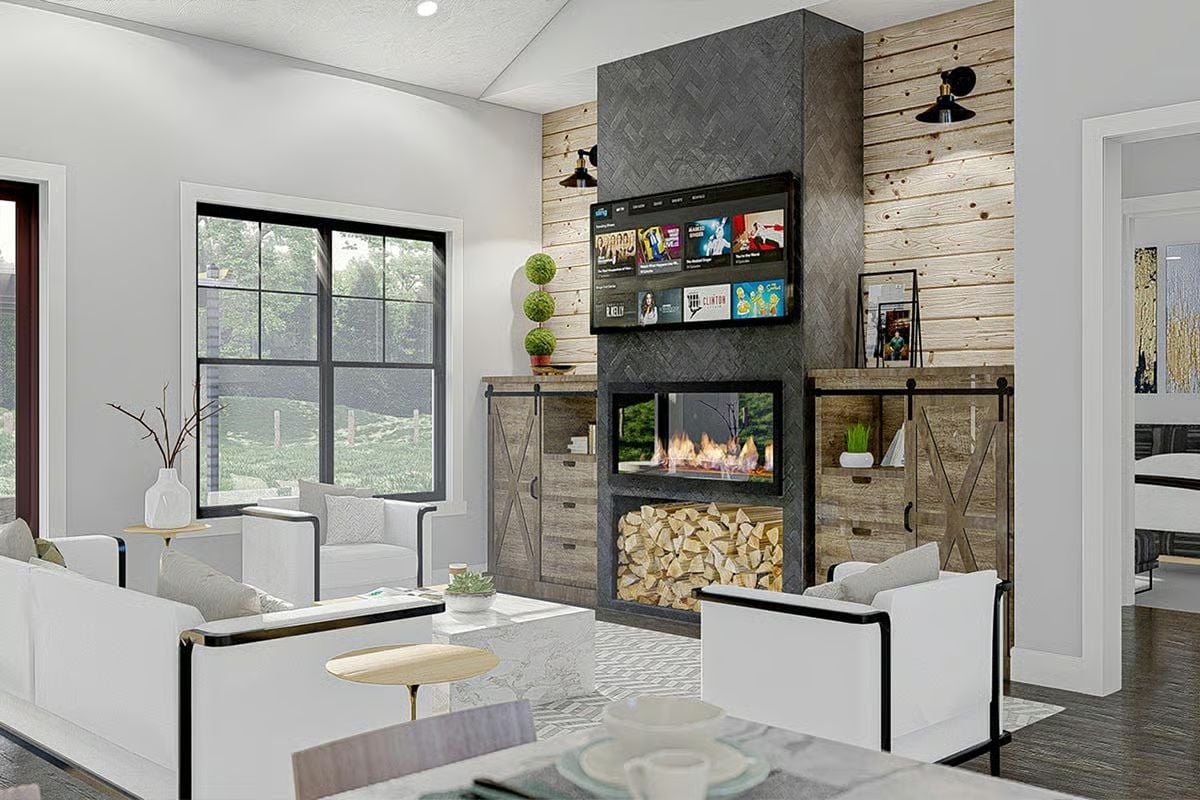 Herringbone Tile Fireplace Surround with Barn Door Cabinets That Pull Their Weight