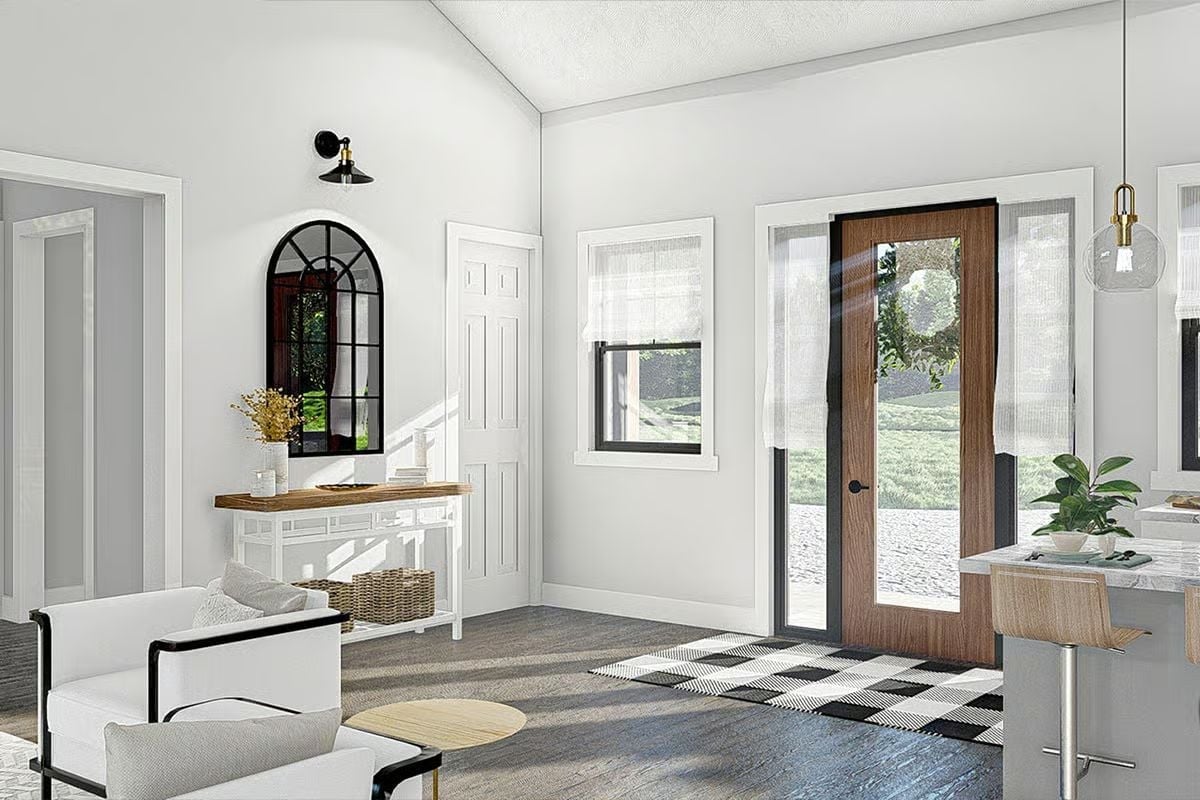 Warm Wood Entry Door Against White Walls That Actually Work Together