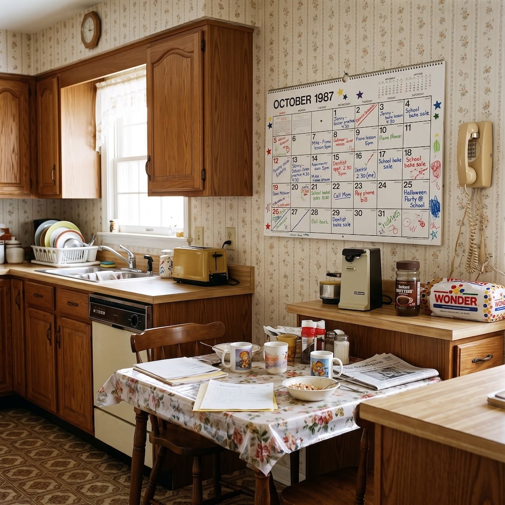 Large handwritten family wall calendar in a 1980s kitchen