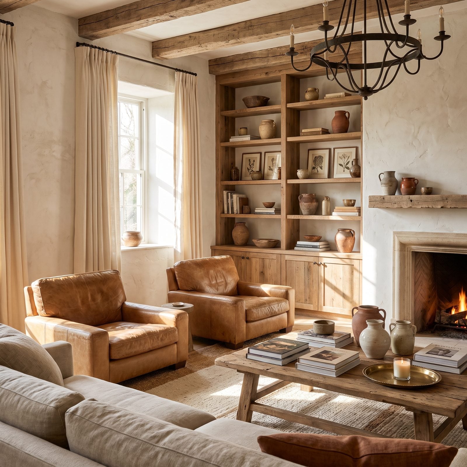 Camel Leather Lounge Chairs Against Chalky Plaster Walls