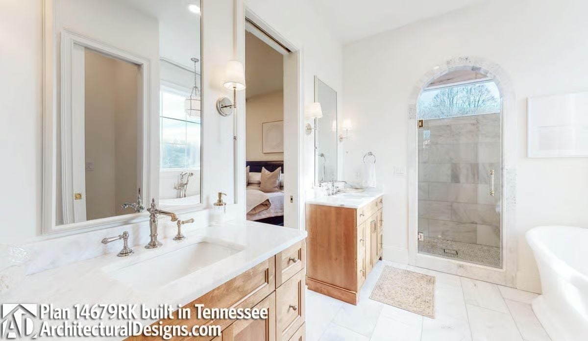 Separate Vanities, One Shared Shower, and a Freestanding Tub That Gets the Window