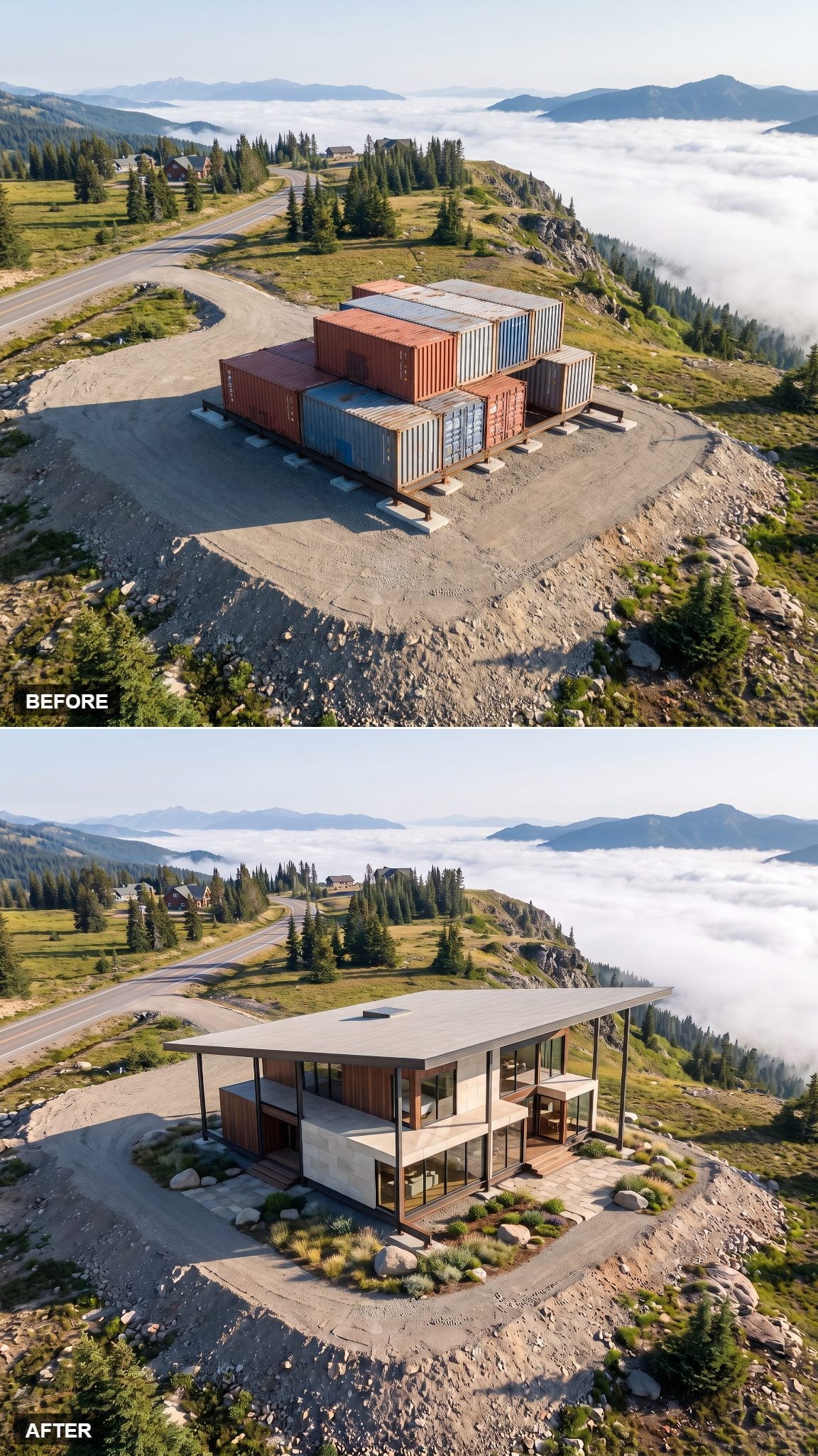 Container mountain house concept with an offset floating canopy