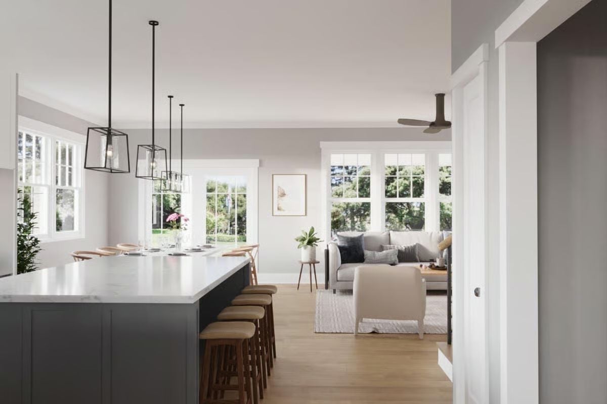 Dark Island, White Stone, and Pendant Lights That Know When to Stop