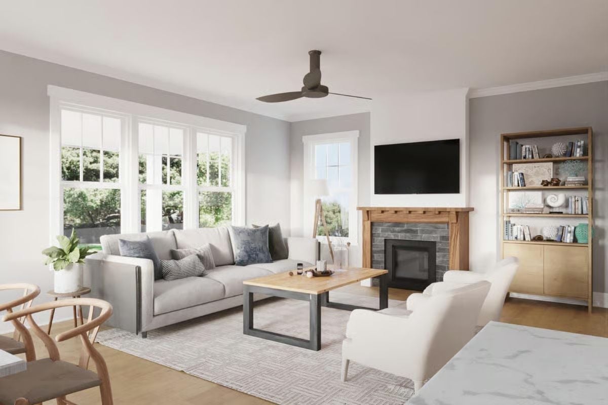 Gray Sofa, Wood Coffee Table, and a Fireplace That Earns Its Wall Space
