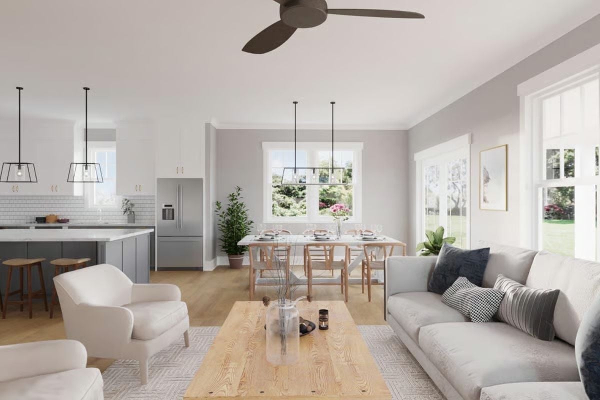 Open Kitchen, Natural Wood, and a Living Room That Doesn't Fight Itself