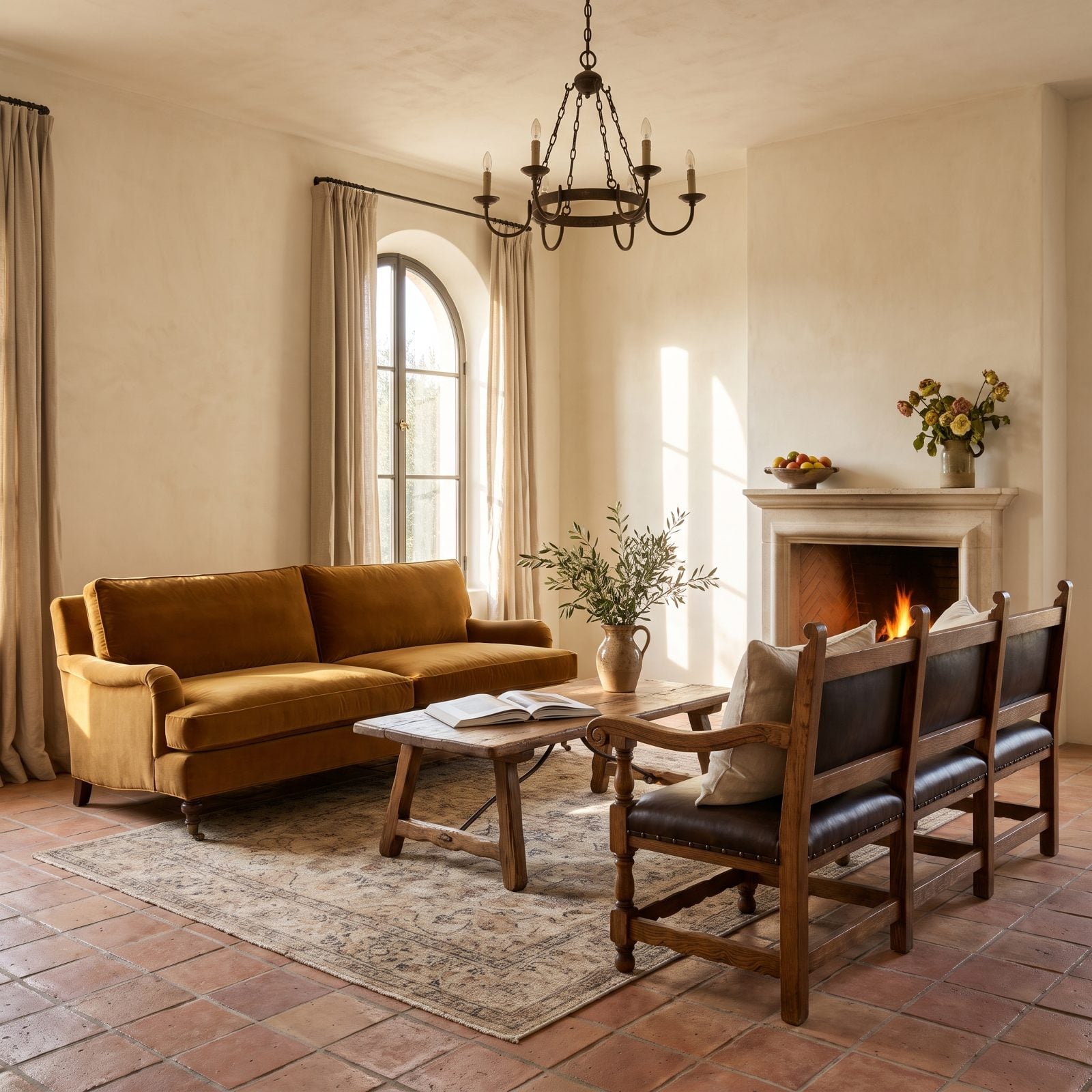 Carved Spanish Bench Facing a Deep Ochre Velvet Sofa