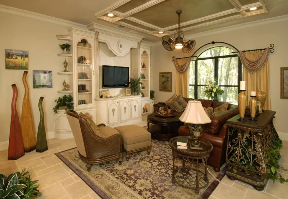 Wrought Iron, Leather, and Coffered Ceilings Doing Exactly What They Should
