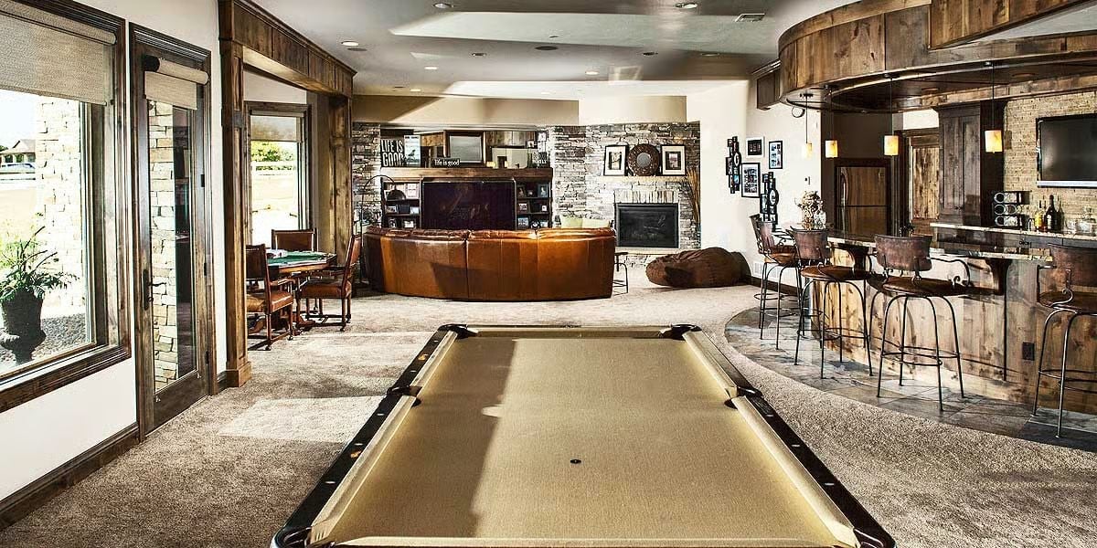 Billiard Table, Bar, and Stone Fireplace Walk Into the Same Room and It Works