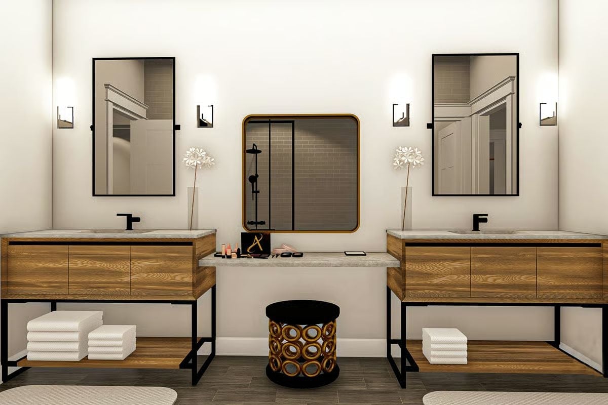 Dual Vanities, a Makeup Counter, and Mirrors That Reflect the Shower Beyond