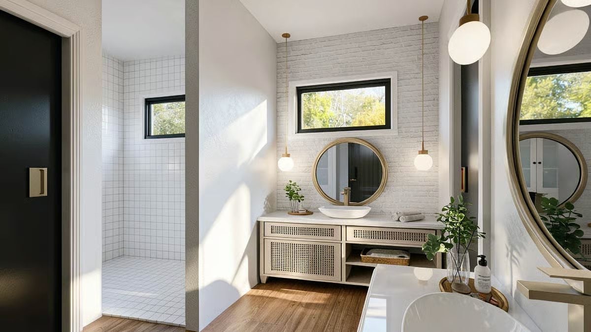 Cane-Front Vanity, Vessel Sink, and Pendant Globes That Pull the Whole Room Together