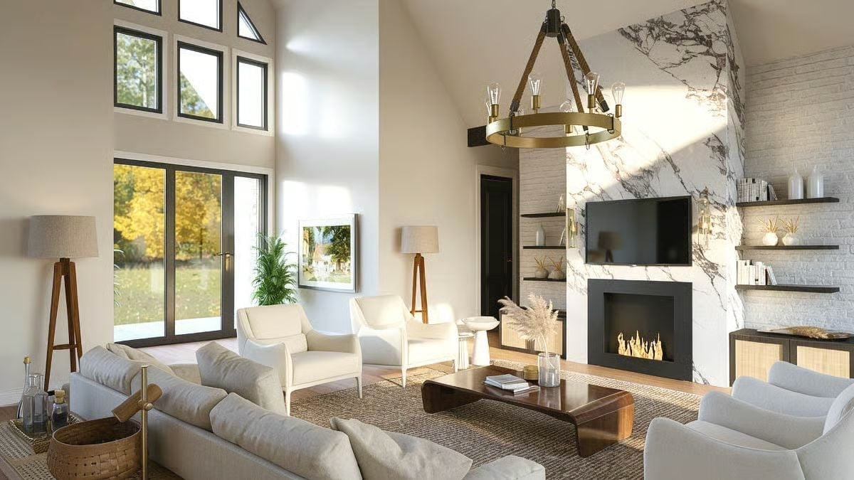 Marble Slab Fireplace Wall, Warm Neutrals, and Seating That Invites You to Stay