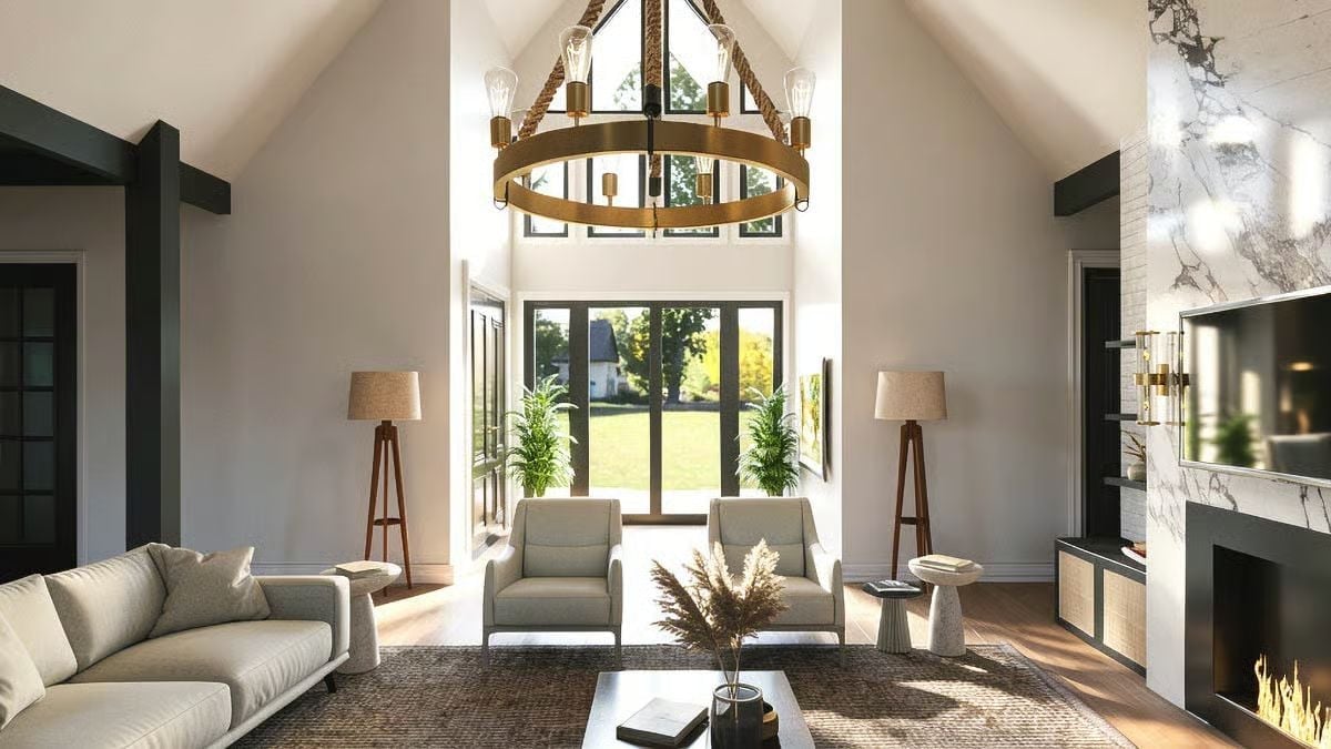 Rope-Wrapped Brass Chandelier, Marble Fireplace, and Ceilings That Earn the Room