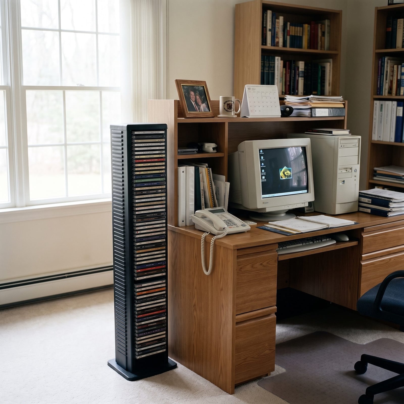 1990s home office featuring CD disc tower