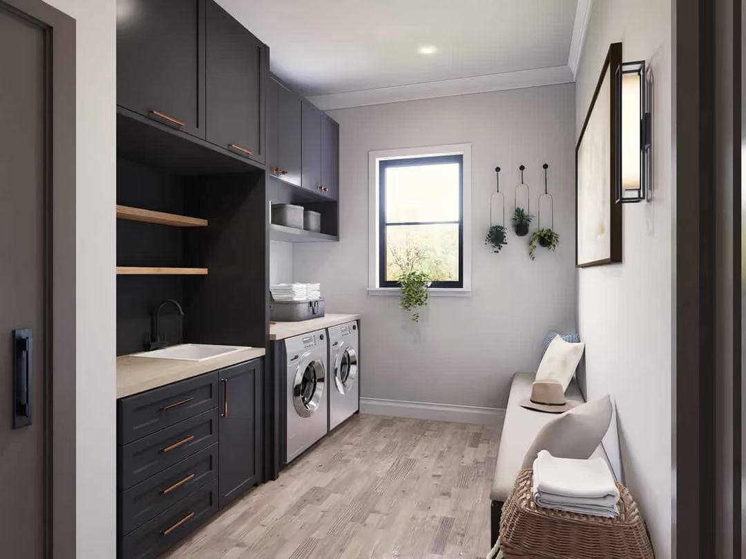 Dark Cabinets and Open Shelving Turn a Laundry Room Into Somewhere Worth Spending Time