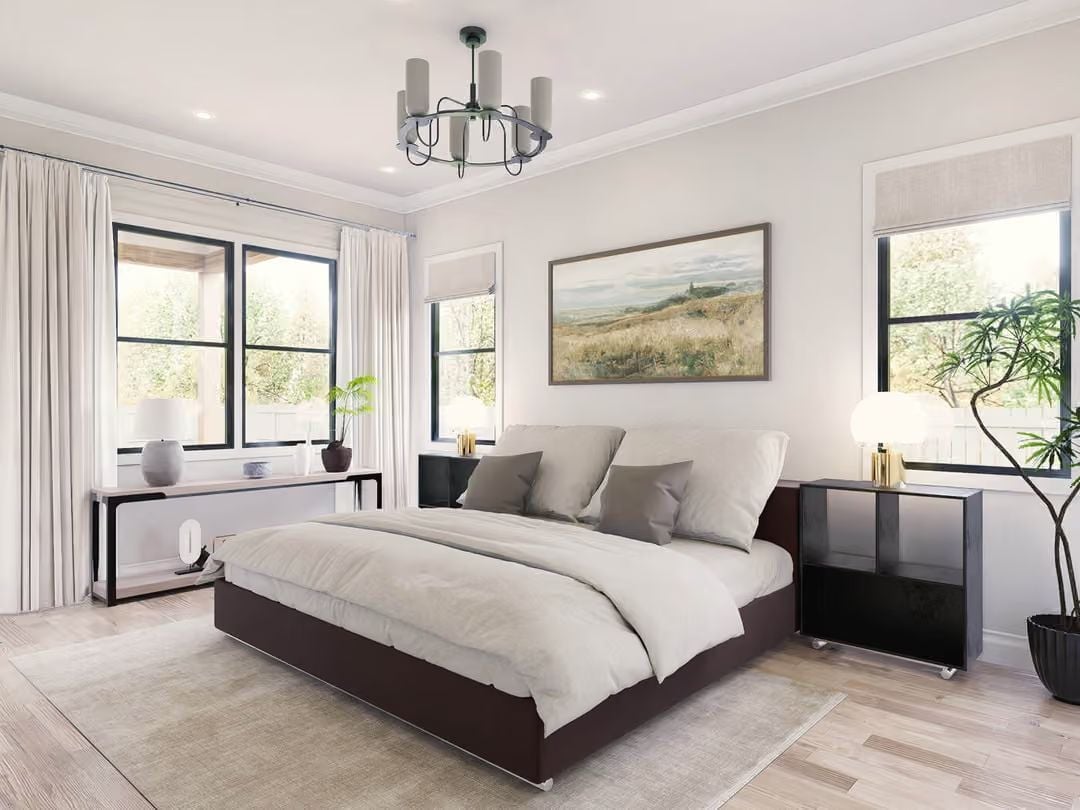 Layered Neutrals and a Dark Bed Frame That Ground the Whole Room