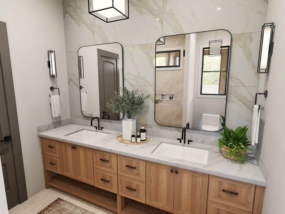 Marble, Warm Wood, and Matte Black Hardware Doing Exactly What They Should