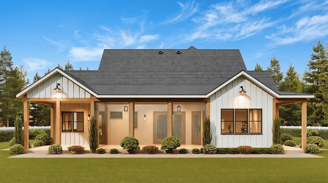 Warm Wood Posts and White Board-and-Batten Make Porch-Sitting Feel Like a Ritual