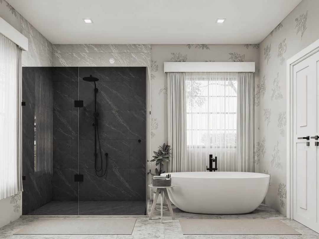 Black Marble Shower, Freestanding Tub, and Wallpaper That Earns Its Keep