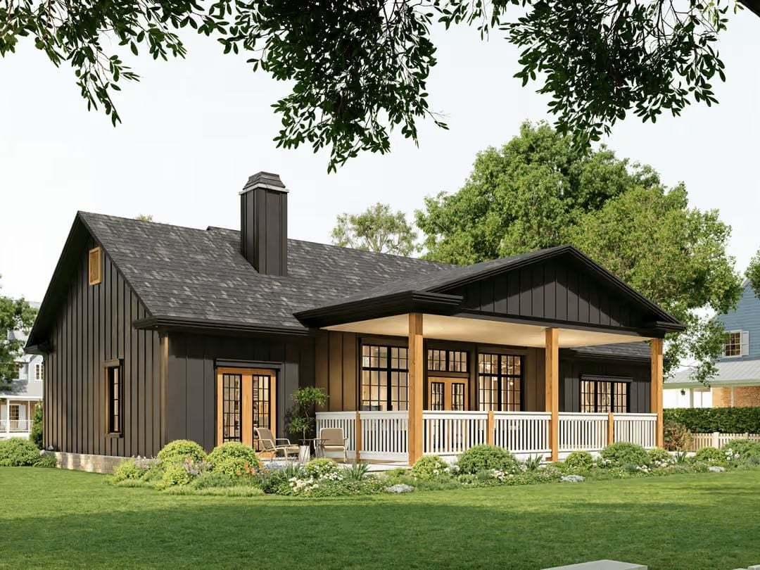 Board-and-Batten in Near-Black with Natural Wood Columns That Keep It Grounded